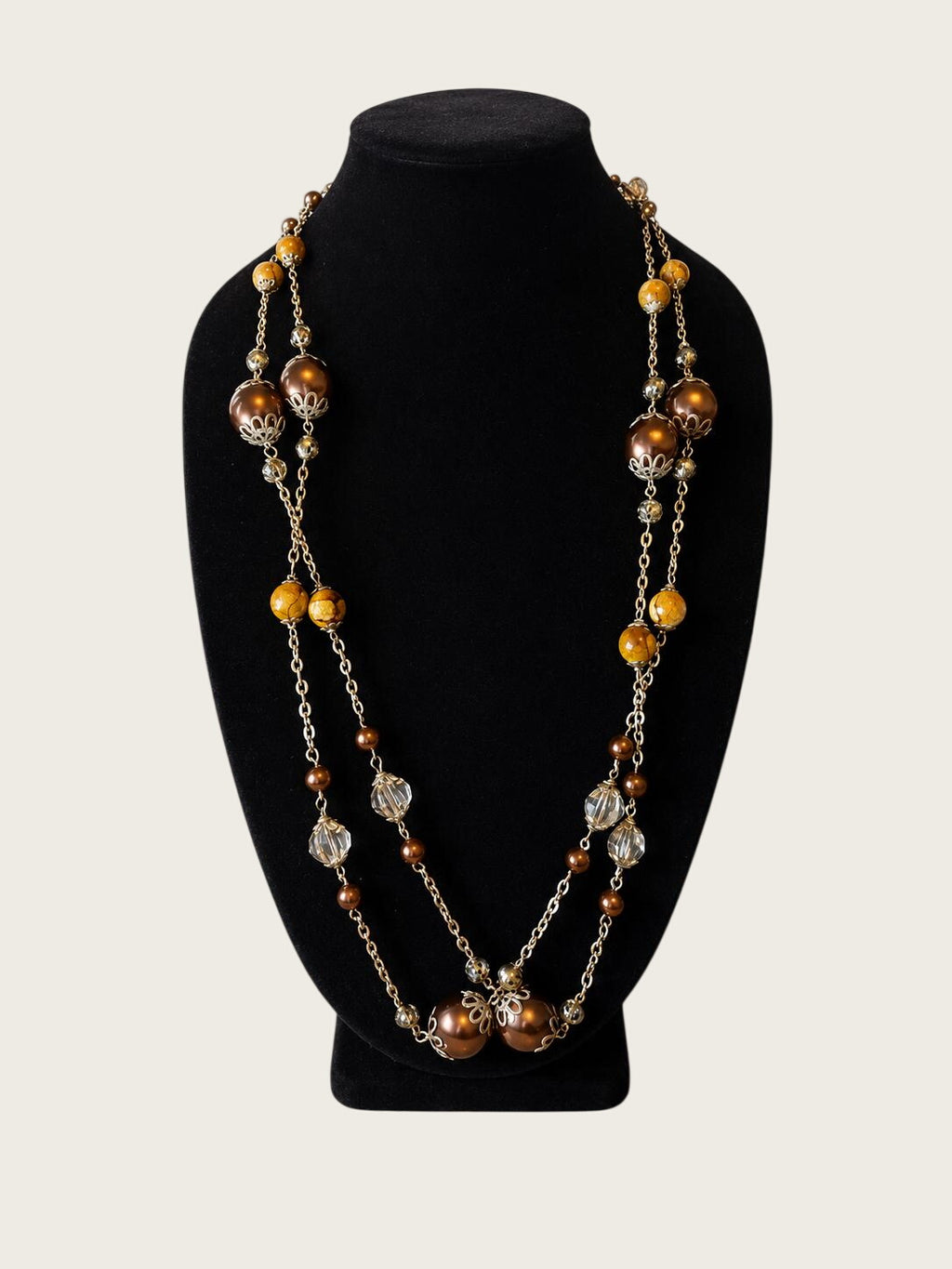 Long Brown Amber Beaded Station Necklace 32" Slip Over Boho Filigree Costume Jewelry