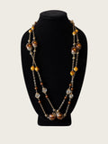 Long Brown Amber Beaded Station Necklace 32" Slip Over Boho Filigree Costume Jewelry