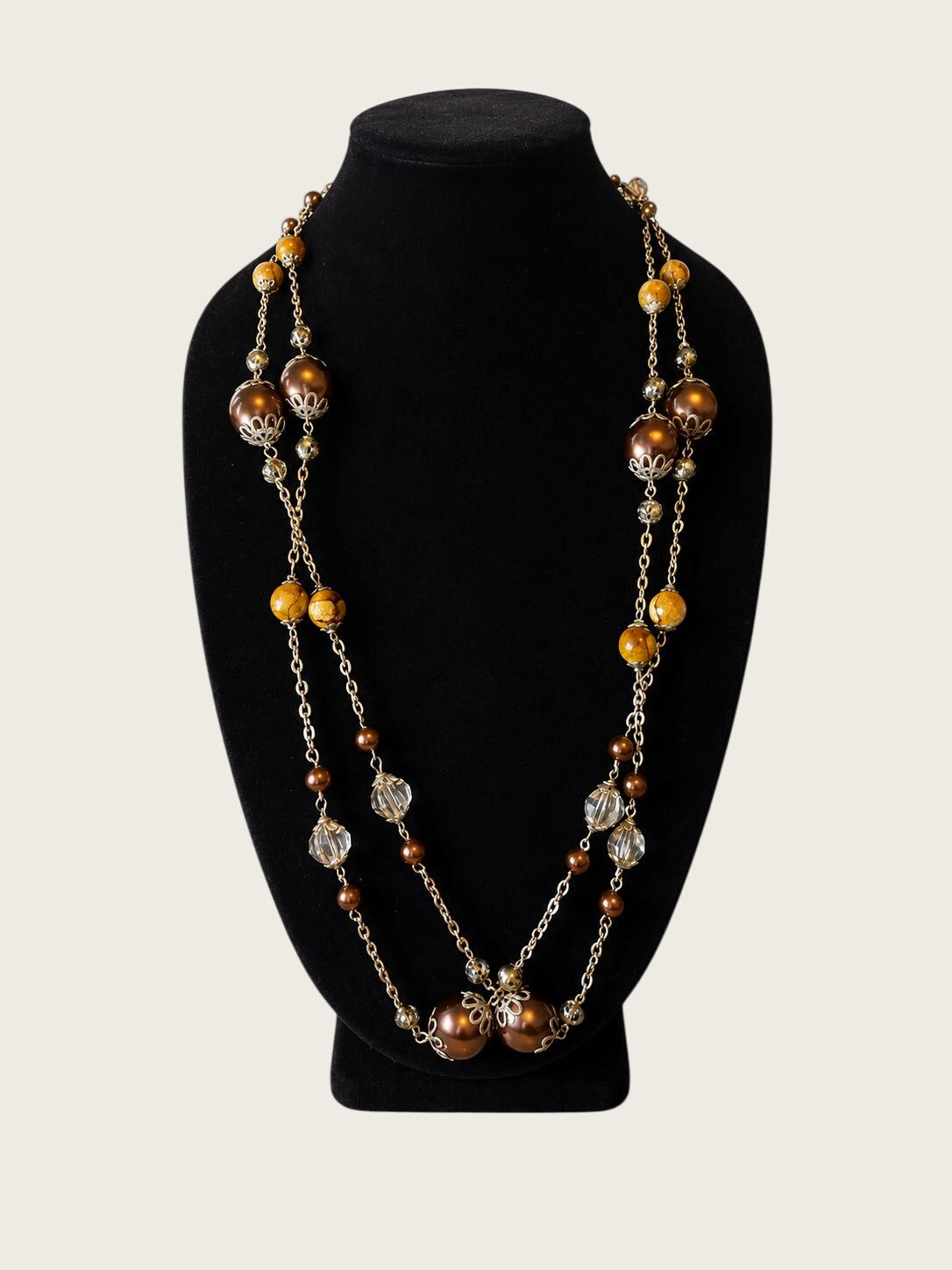 Long Brown Amber Beaded Station Necklace 32" Slip Over Boho Filigree Costume Jewelry