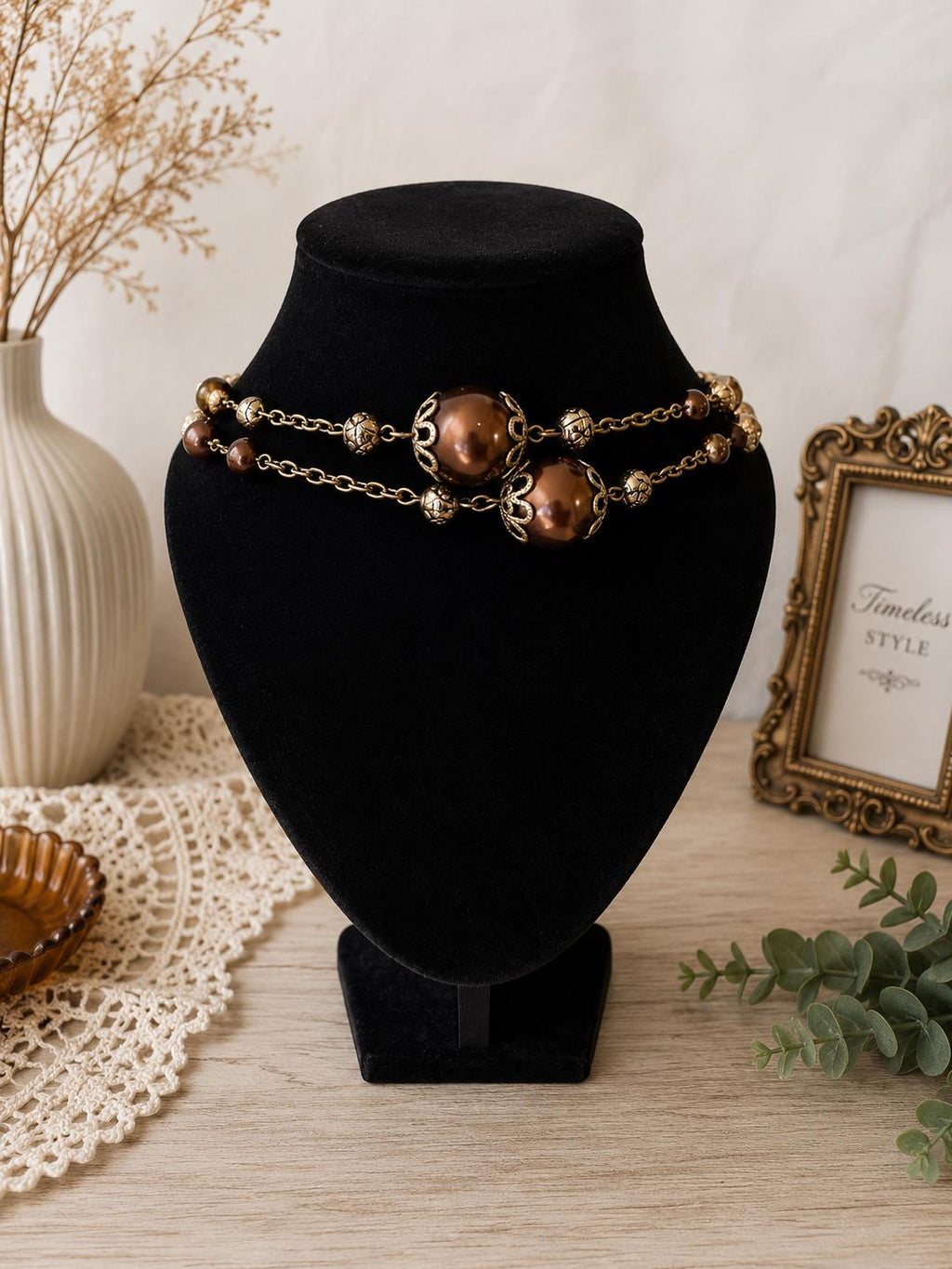 Long Brown Amber Beaded Station Necklace 32" Slip Over Boho Filigree Costume Jewelry