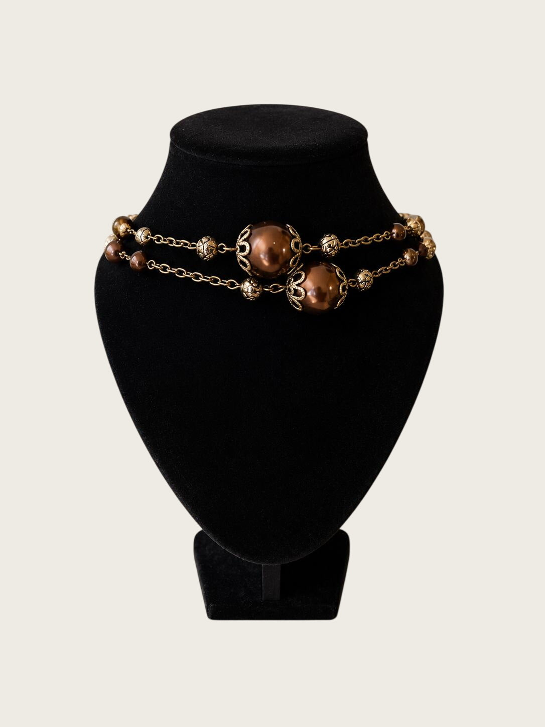 Long Brown Amber Beaded Station Necklace 32" Slip Over Boho Filigree Costume Jewelry
