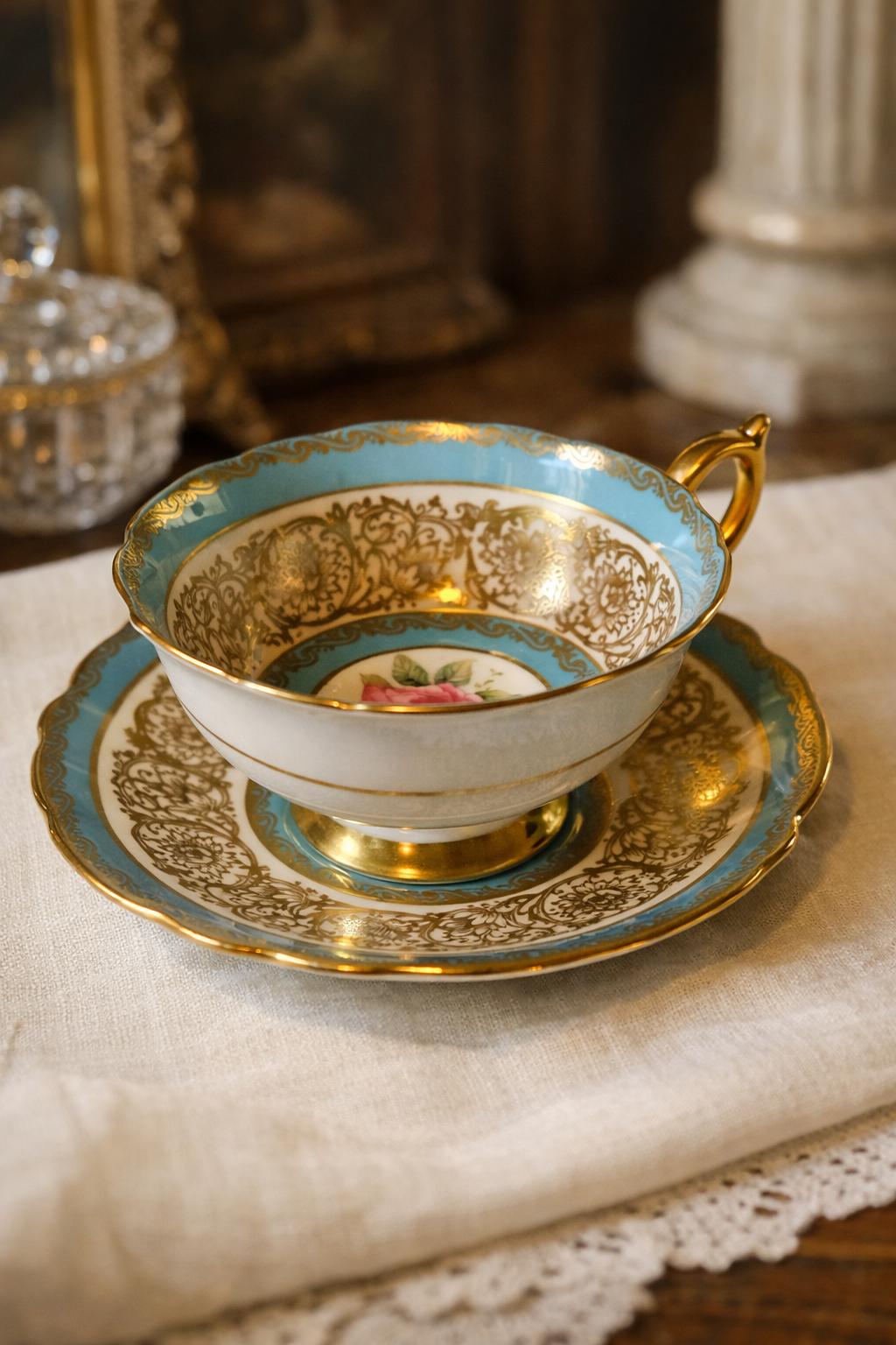 1940s Paragon Turquoise Gold Rose Teacup & Saucer Fine Bone China England A515H