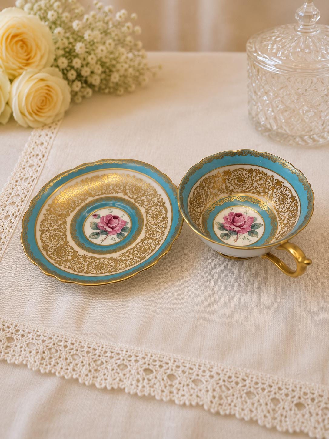1940s Paragon Turquoise Gold Rose Teacup & Saucer Fine Bone China England A515H