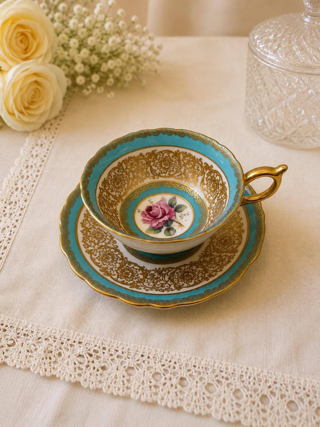 1940s Paragon Turquoise Gold Rose Teacup & Saucer Fine Bone China England A515H