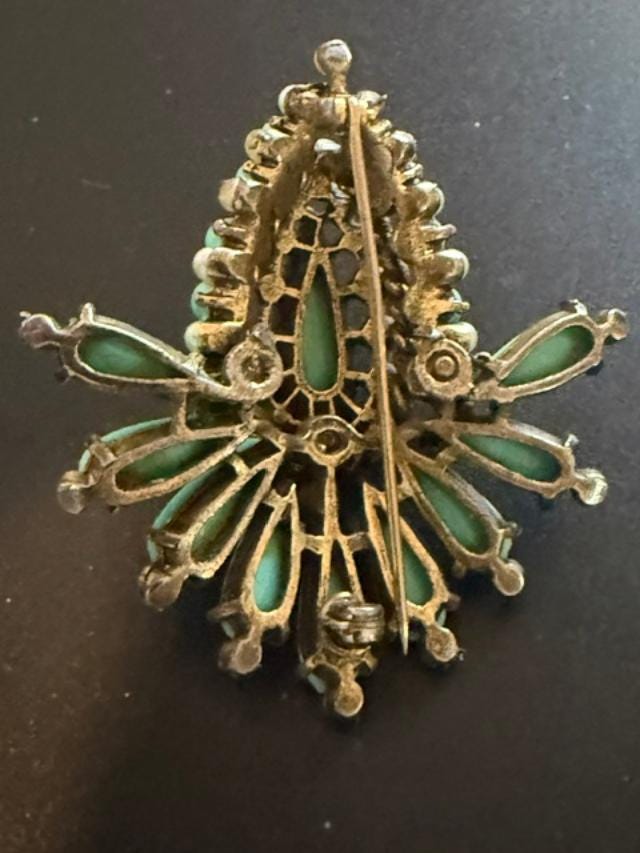 Vintage Turquoise Teardrop Fan Brooch Rhinestone Faux Pearl Gold Tone Mid Century Pin