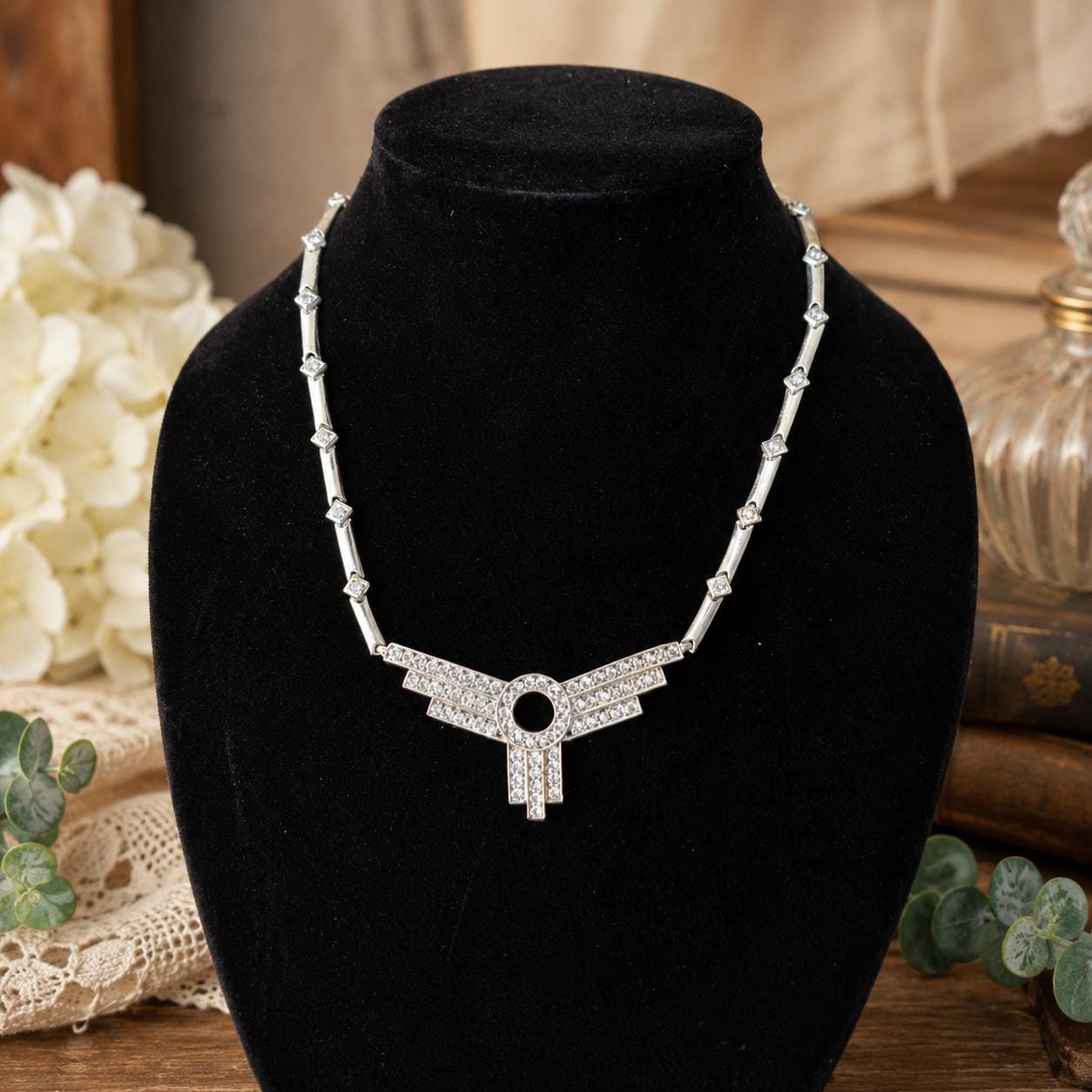 Vintage Art Deco Revival Rhinestone Necklace Silver Tone Geometric Statement Necklace