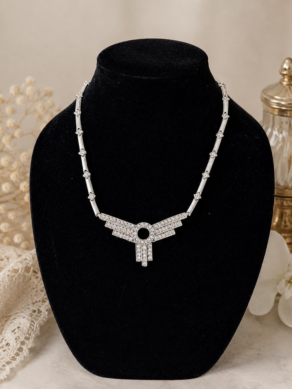 Vintage Art Deco Revival Rhinestone Necklace Silver Tone Geometric Statement Necklace