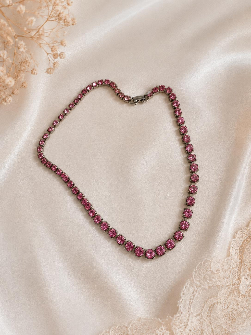 Vintage Pink Rhinestone Choker Necklace Silver Tone 14 Inch Costume Jewelry