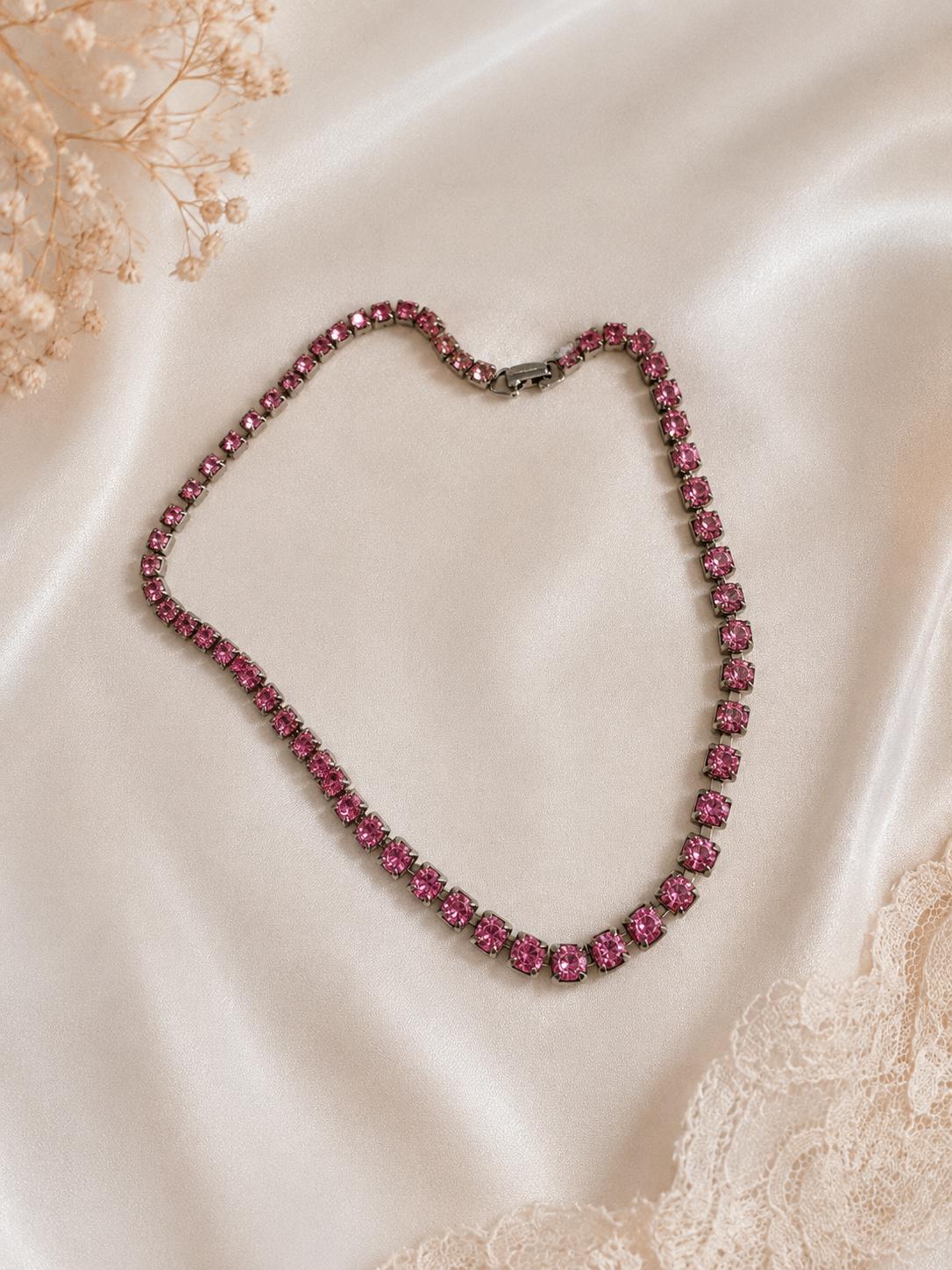 Vintage Pink Rhinestone Choker Necklace Silver Tone 14 Inch Costume Jewelry