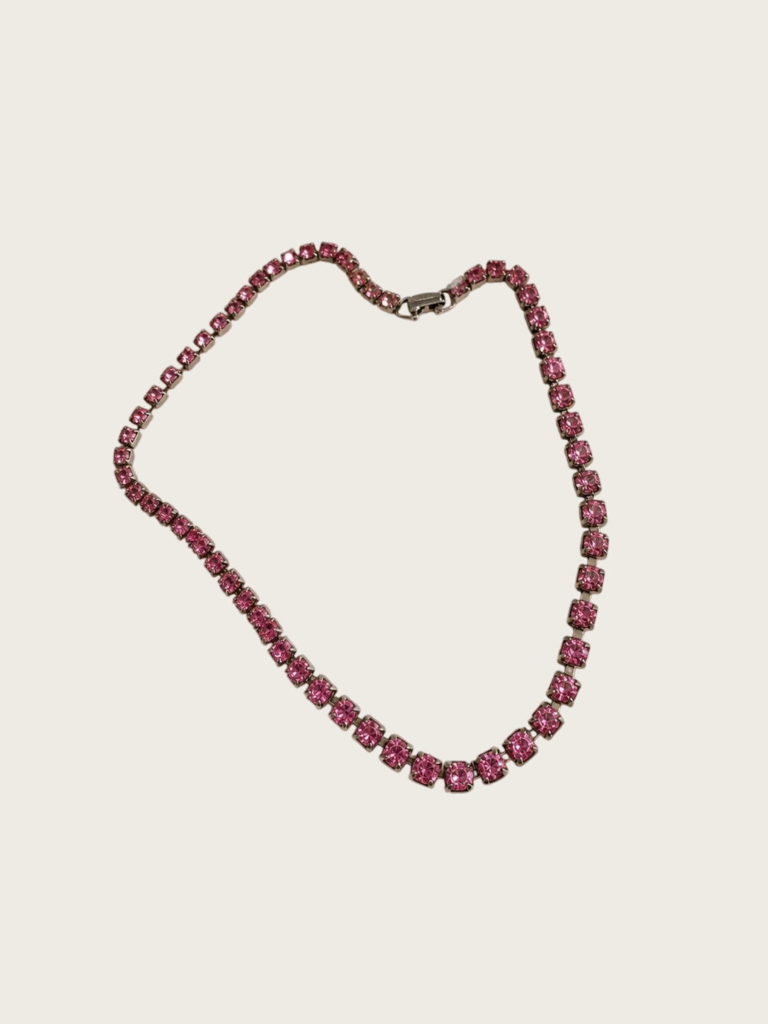 Vintage Pink Rhinestone Choker Necklace Silver Tone 14 Inch Costume Jewelry