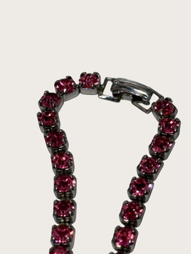 Vintage Pink Rhinestone Choker Necklace Silver Tone 14 Inch Costume Jewelry
