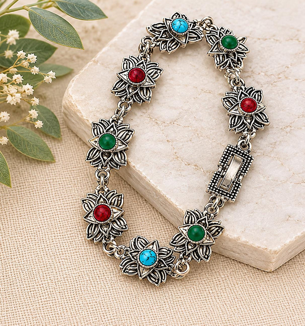 Silver Tone Floral Link Bracelet Faux Turquoise Coral Green Stone Boho Southwestern Style