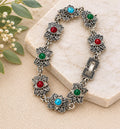 Silver Tone Floral Link Bracelet Faux Turquoise Coral Green Stone Boho Southwestern Style