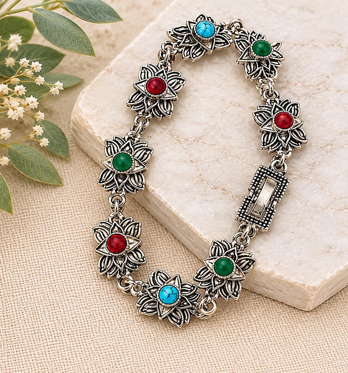 Silver Tone Floral Link Bracelet Faux Turquoise Coral Green Stone Boho Southwestern Style