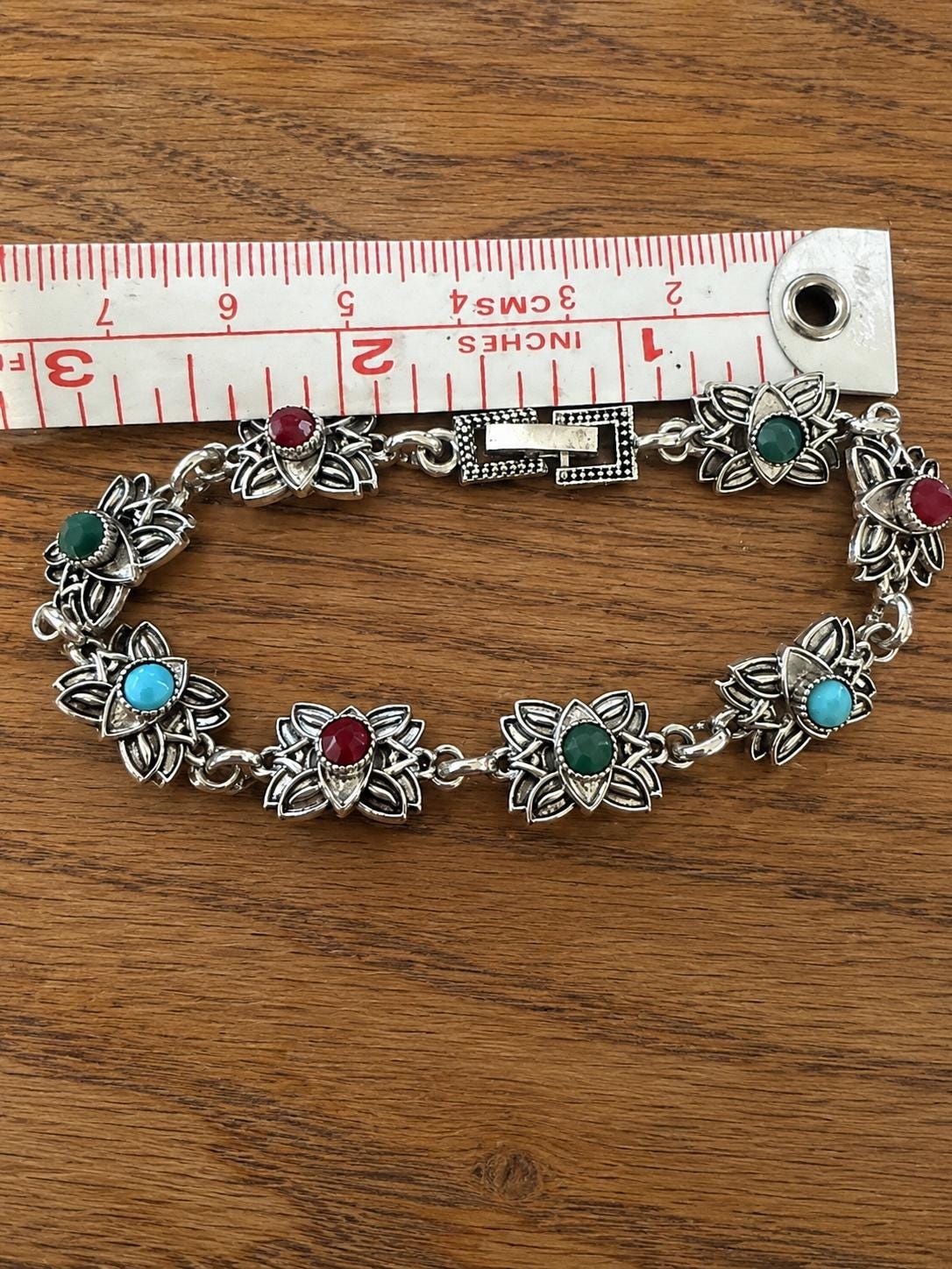 Silver Tone Floral Link Bracelet Faux Turquoise Coral Green Stone Boho Southwestern Style