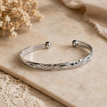Silver Tone Engraved Open Cuff Bracelet, Floral Scroll Bangle with Ball Ends