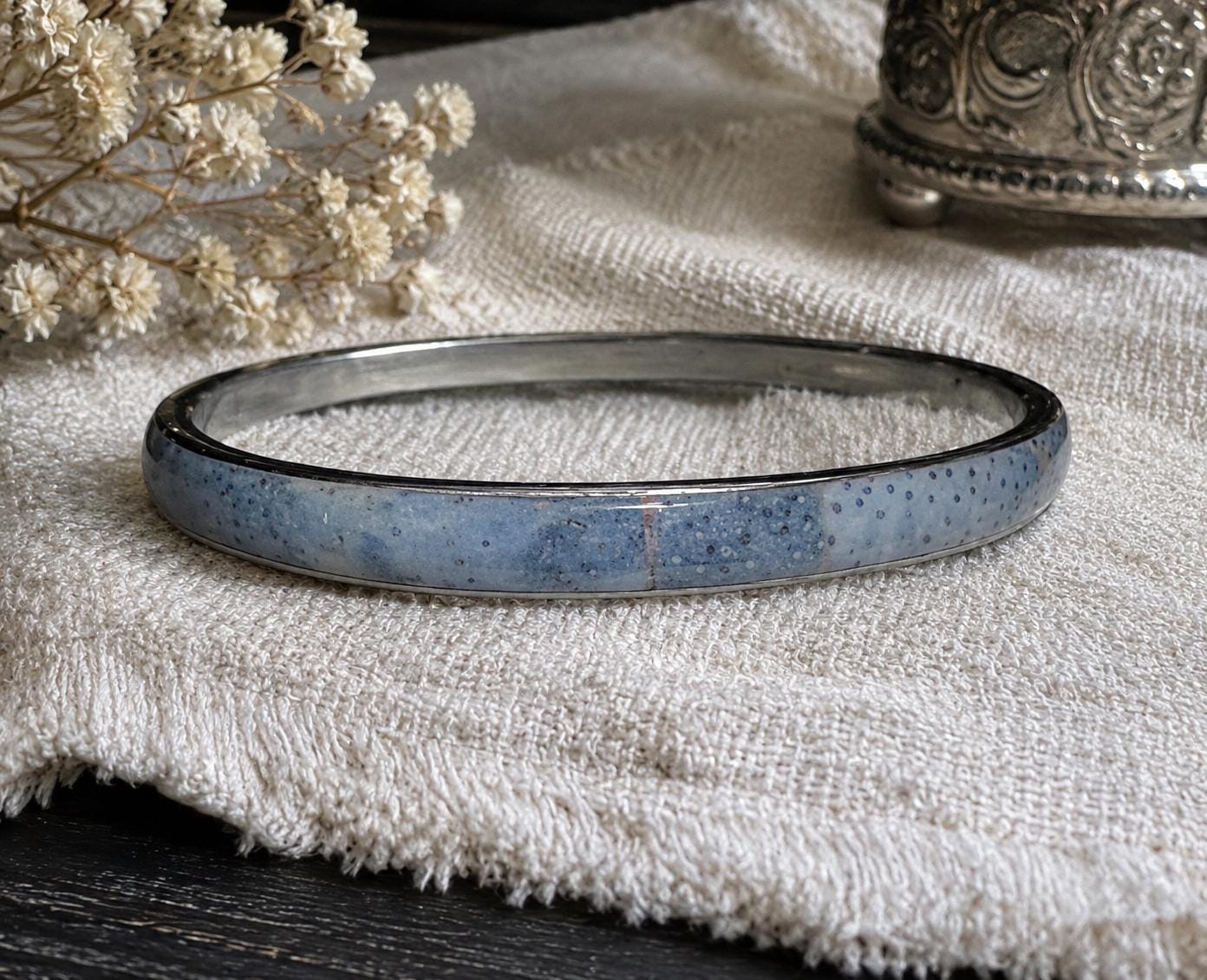 Blue Speckled Enamel Silver Tone Bangle Bracelet, Costume Jewelry