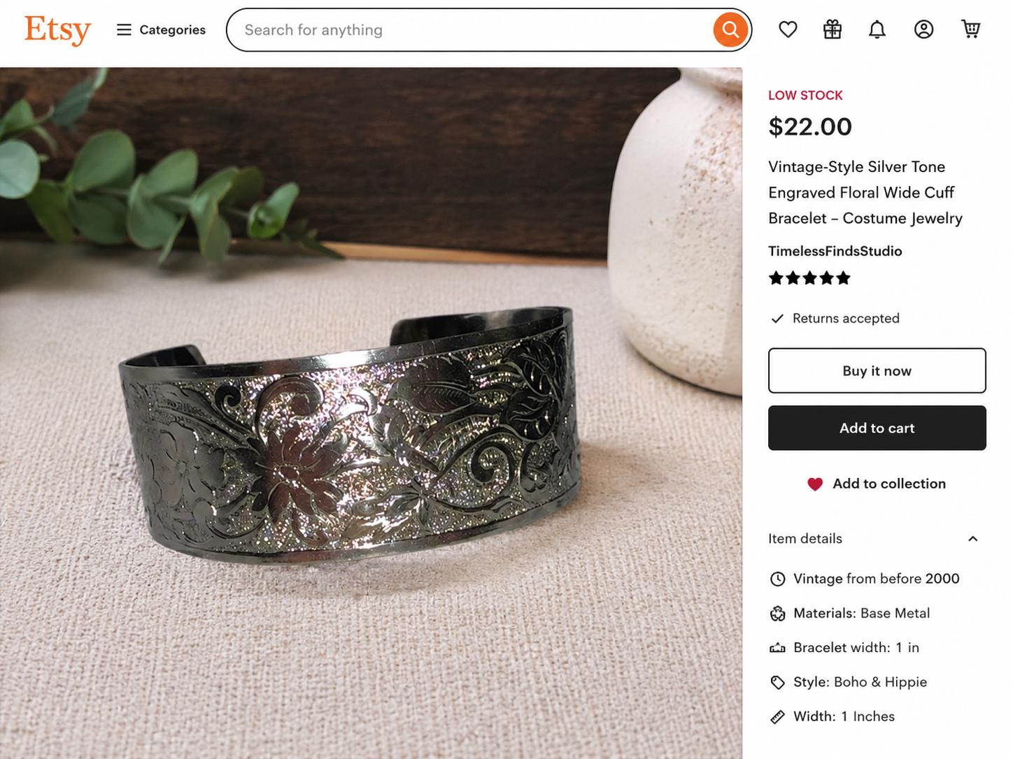 Costume silver Engraved Floral Wide Cuff Bracelet, 1 Inch Wide Jewelry Bangle