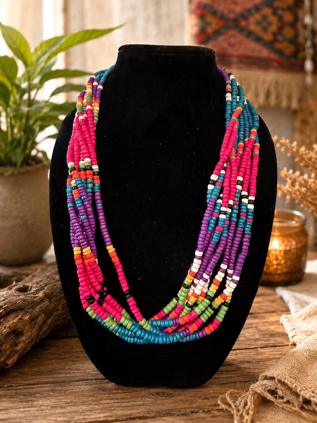 Vintage Colorful 8 Strand Wood Bead Necklace Boho Statement Jewelry 26 Inch