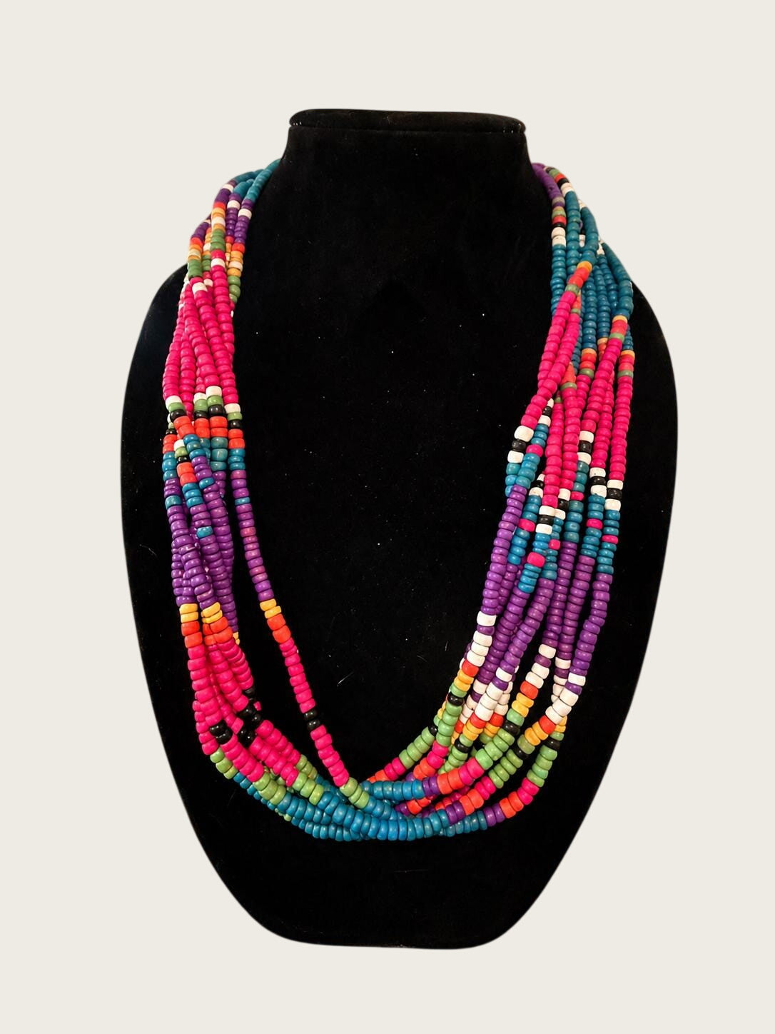 Vintage Colorful 8 Strand Wood Bead Necklace Boho Statement Jewelry 26 Inch