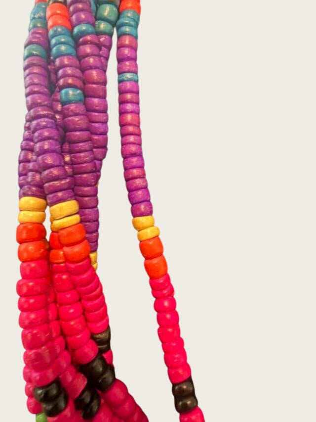 Vintage Colorful 8 Strand Wood Bead Necklace Boho Statement Jewelry 26 Inch