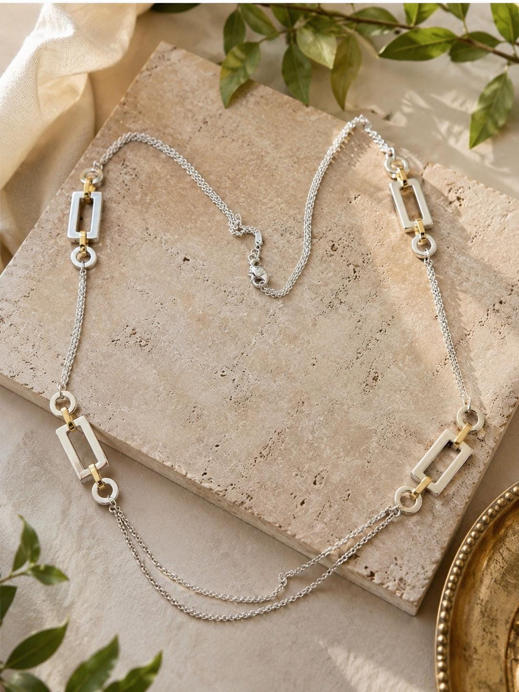 Ralph Lauren RL Two Tone 36" Station Necklace Silver Gold Tone Signed