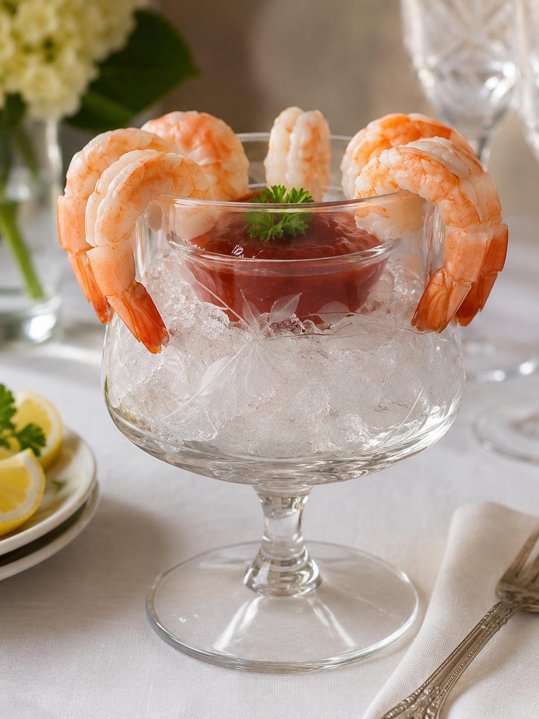 Etched Glass Shrimp Cocktail Goblets Set of 7 with Sauce Inserts | Leaf Appetizer Cups