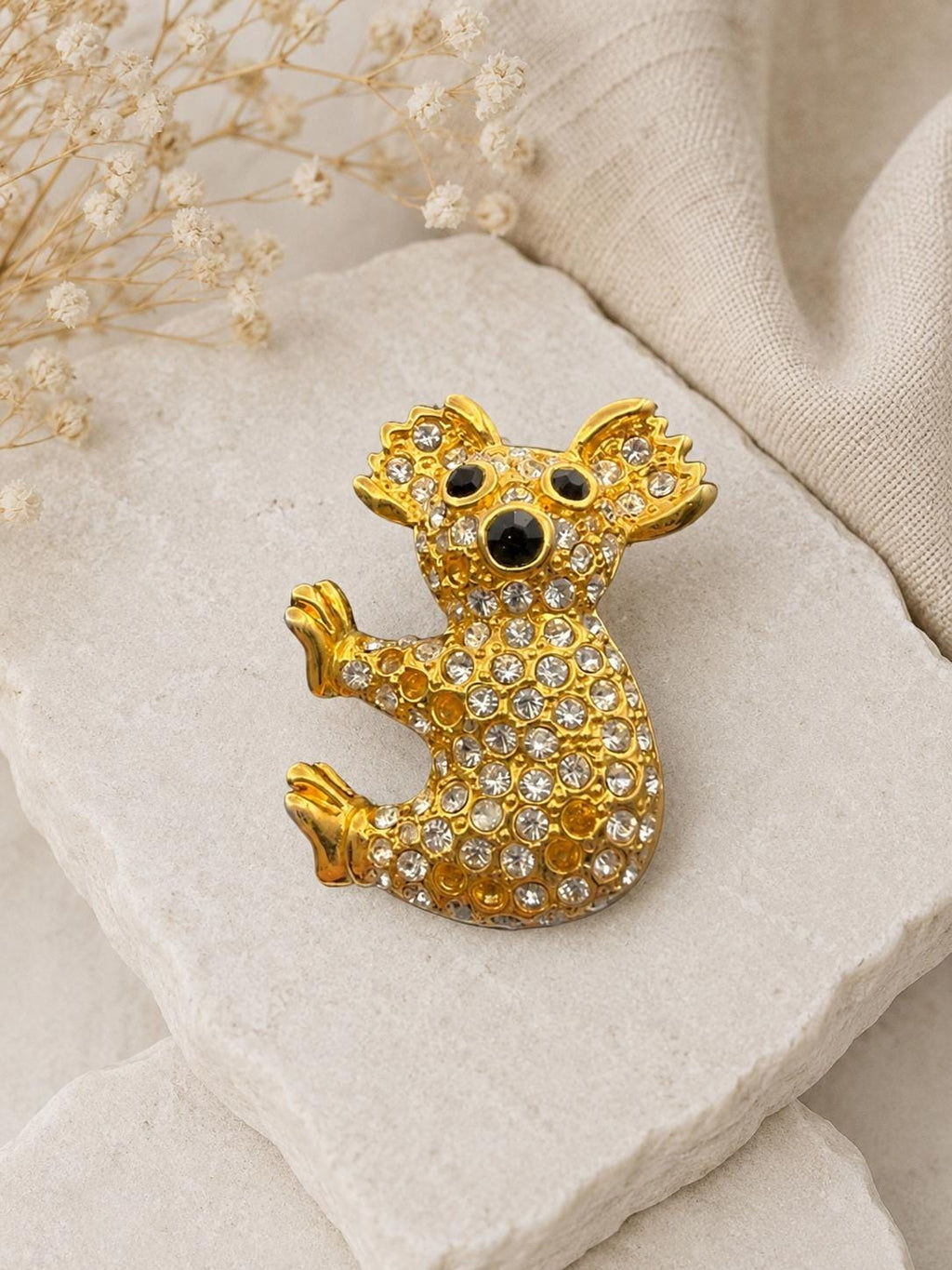 Gold Tone Rhinestone Koala Brooch, Pavé Crystal Animal Pin, Vintage Costume Jewelry