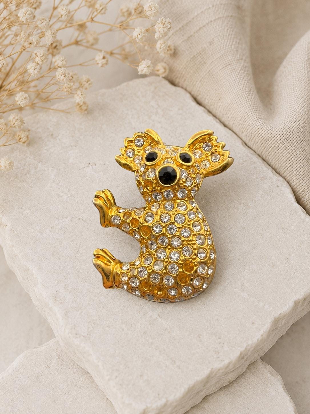 Gold Tone Rhinestone Koala Brooch, Pavé Crystal Animal Pin, Vintage Costume Jewelry