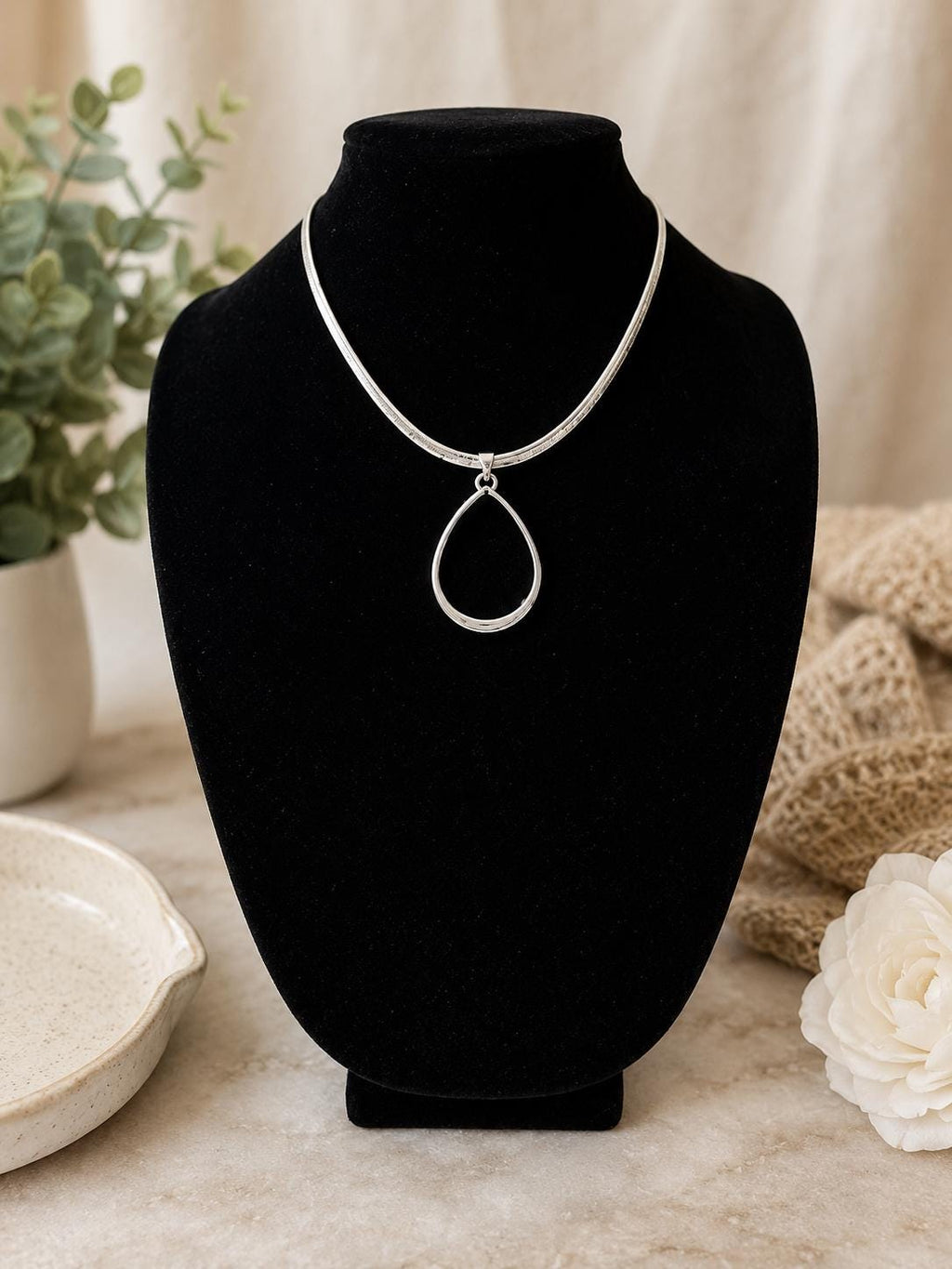 Monet Silver Tone Teardrop Pendant Necklace 1990s Signed Costume Jewelry Omega Chain