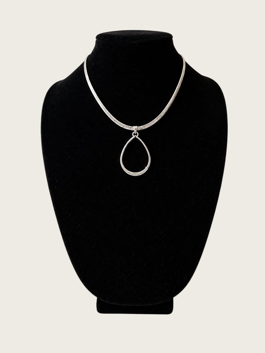 Monet Silver Tone Teardrop Pendant Necklace 1990s Signed Costume Jewelry Omega Chain