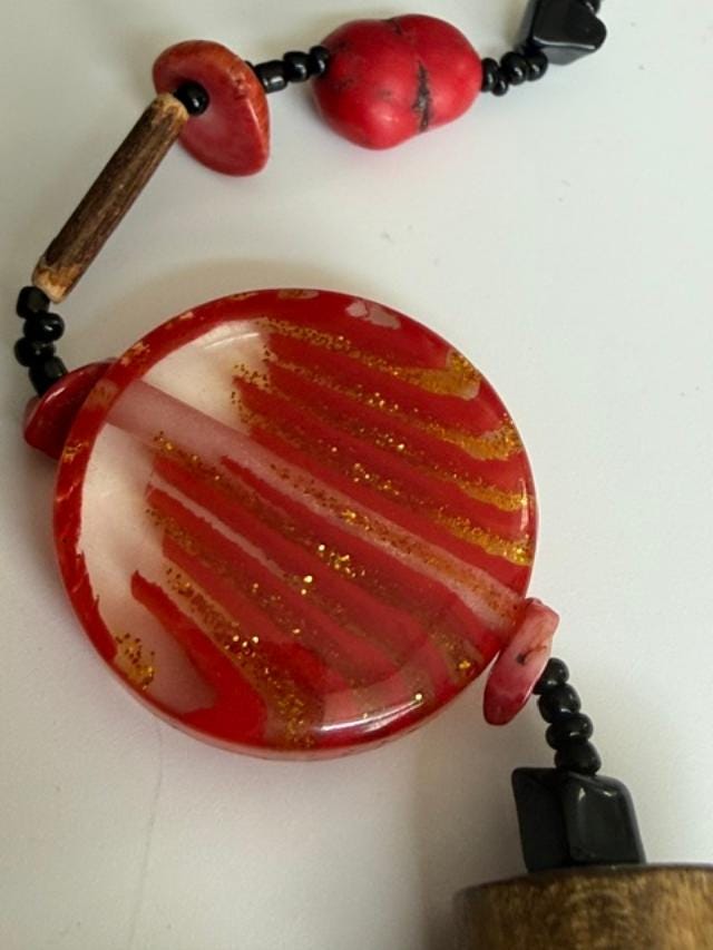 YOUSI Signed Red Black Mixed Bead Boho Statement Necklace