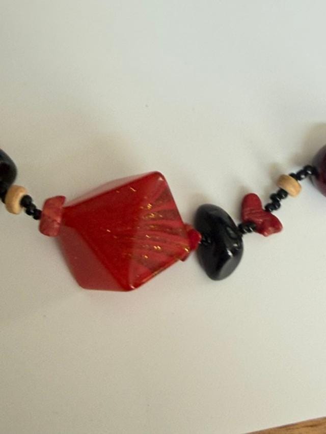 YOUSI Signed Red Black Mixed Bead Boho Statement Necklace