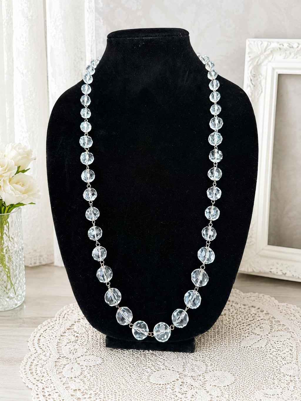 Express Clear Faceted Crystal Glass Bead Necklace 30 Inch Silver Tone Station Necklace