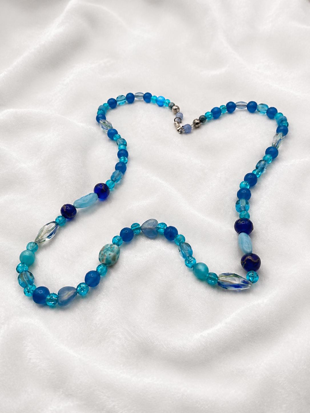 Ocean Blue Mixed Glass Bead Necklace, Boho Turquoise Aqua Beaded Jewelry