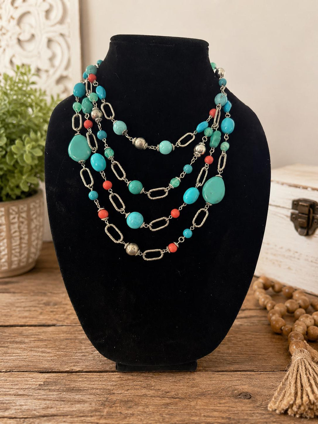 Turquoise & Aqua Beaded Necklace, Silver Tone Chain, Costume Jewelry