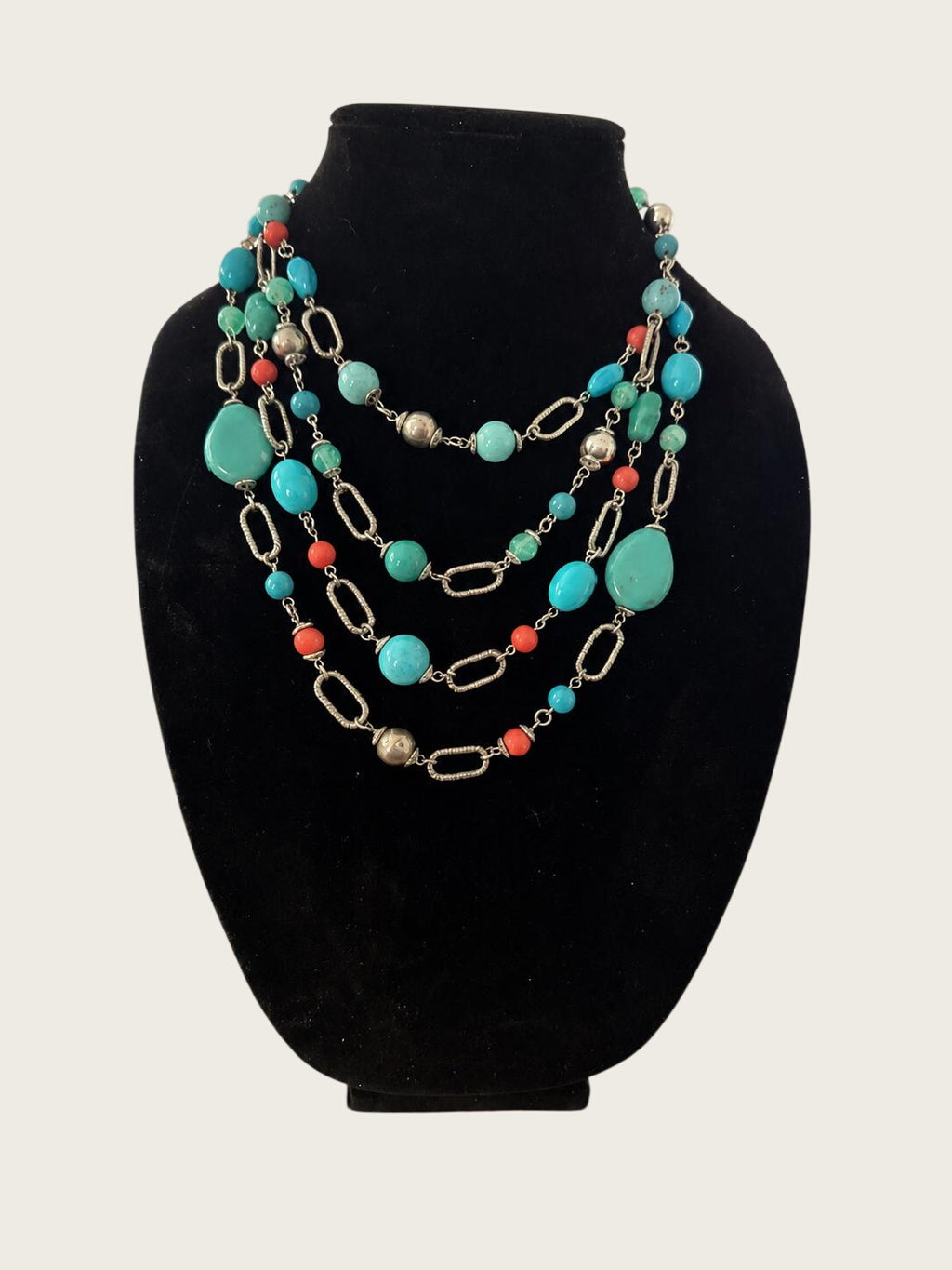 Turquoise & Aqua Beaded Necklace, Silver Tone Chain, Costume Jewelry