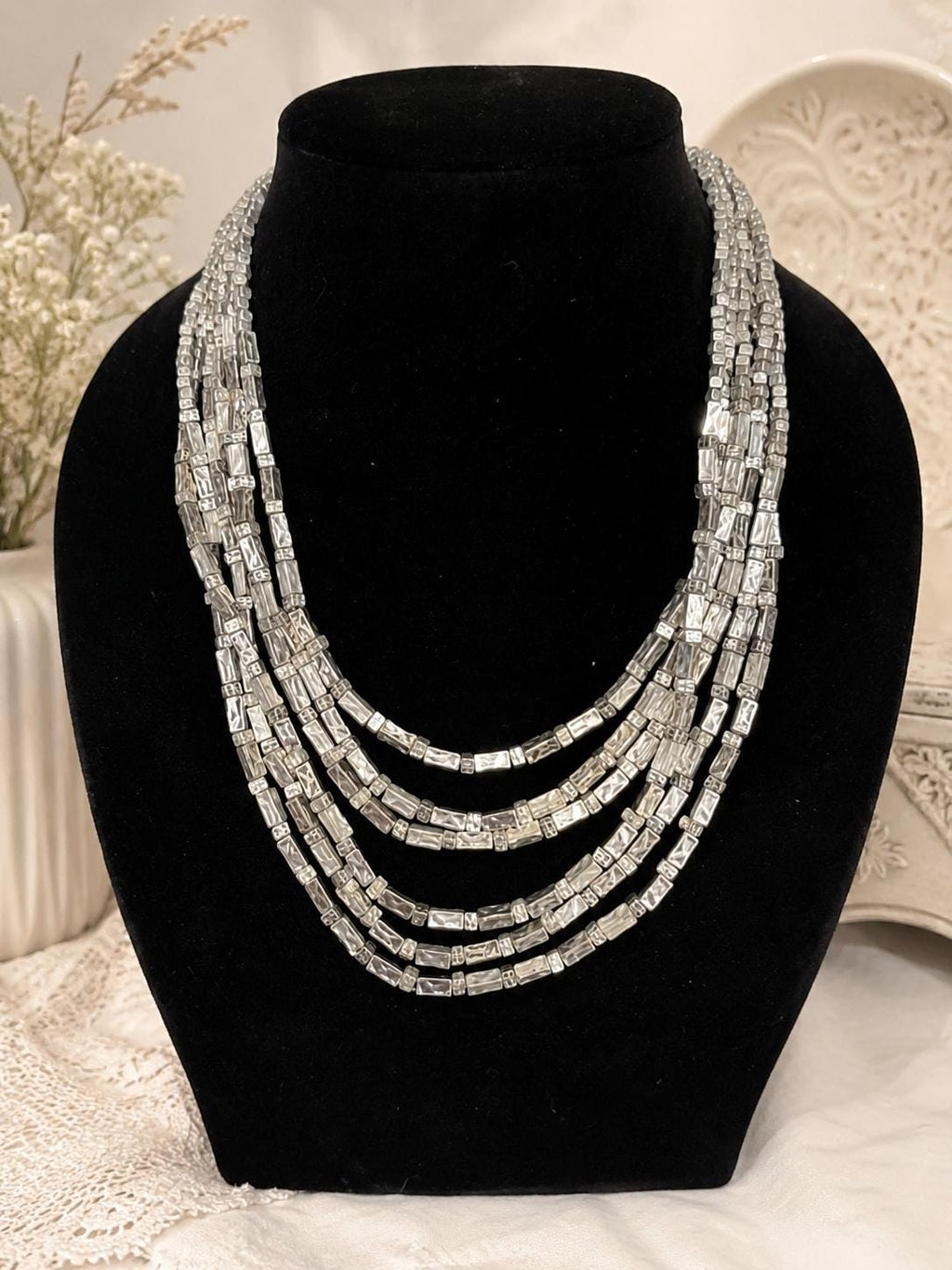 Chicos Silver Tone Multi Strand Statement Necklace, Layered Geometric Cube Beads