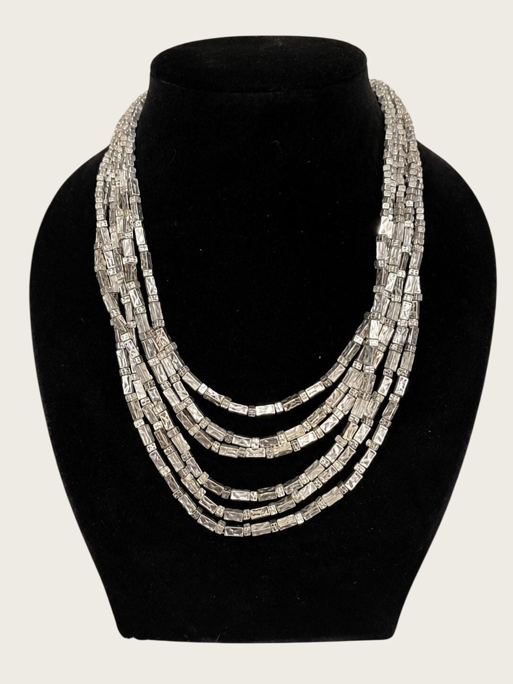 Chicos Silver Tone Multi Strand Statement Necklace, Layered Geometric Cube Beads