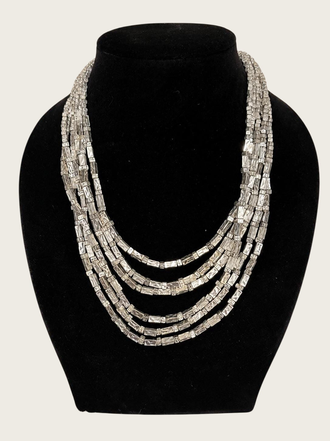 Chicos Silver Tone Multi Strand Statement Necklace, Layered Geometric Cube Beads