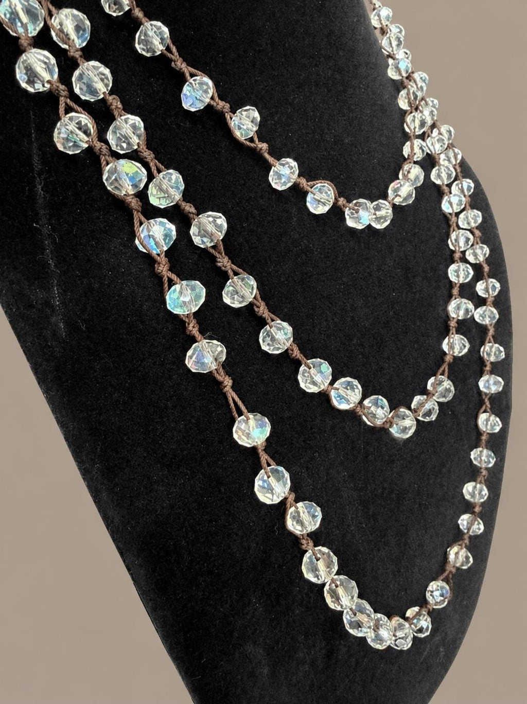 Long Crystal Bead Knotted Cord Necklace  Boho Layering Statement Necklace, Faceted Clear Aurora Beads,