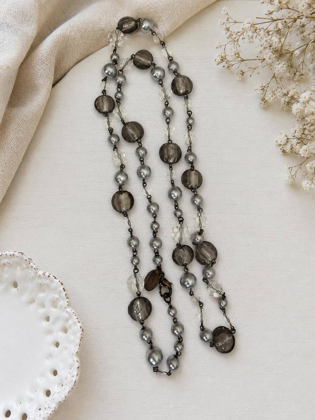White House Black Market Smoky Gray Glass Bead Long Station Necklace 35"