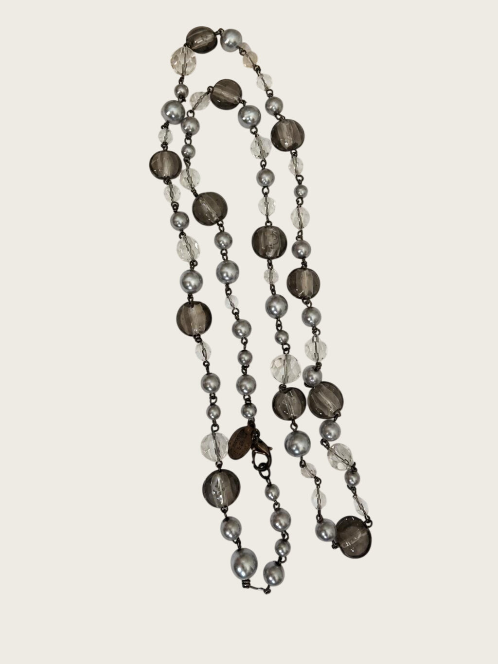 White House Black Market Smoky Gray Glass Bead Long Station Necklace 35"