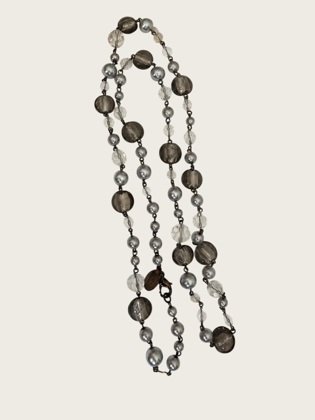 White House Black Market Smoky Gray Glass Bead Long Station Necklace 35"