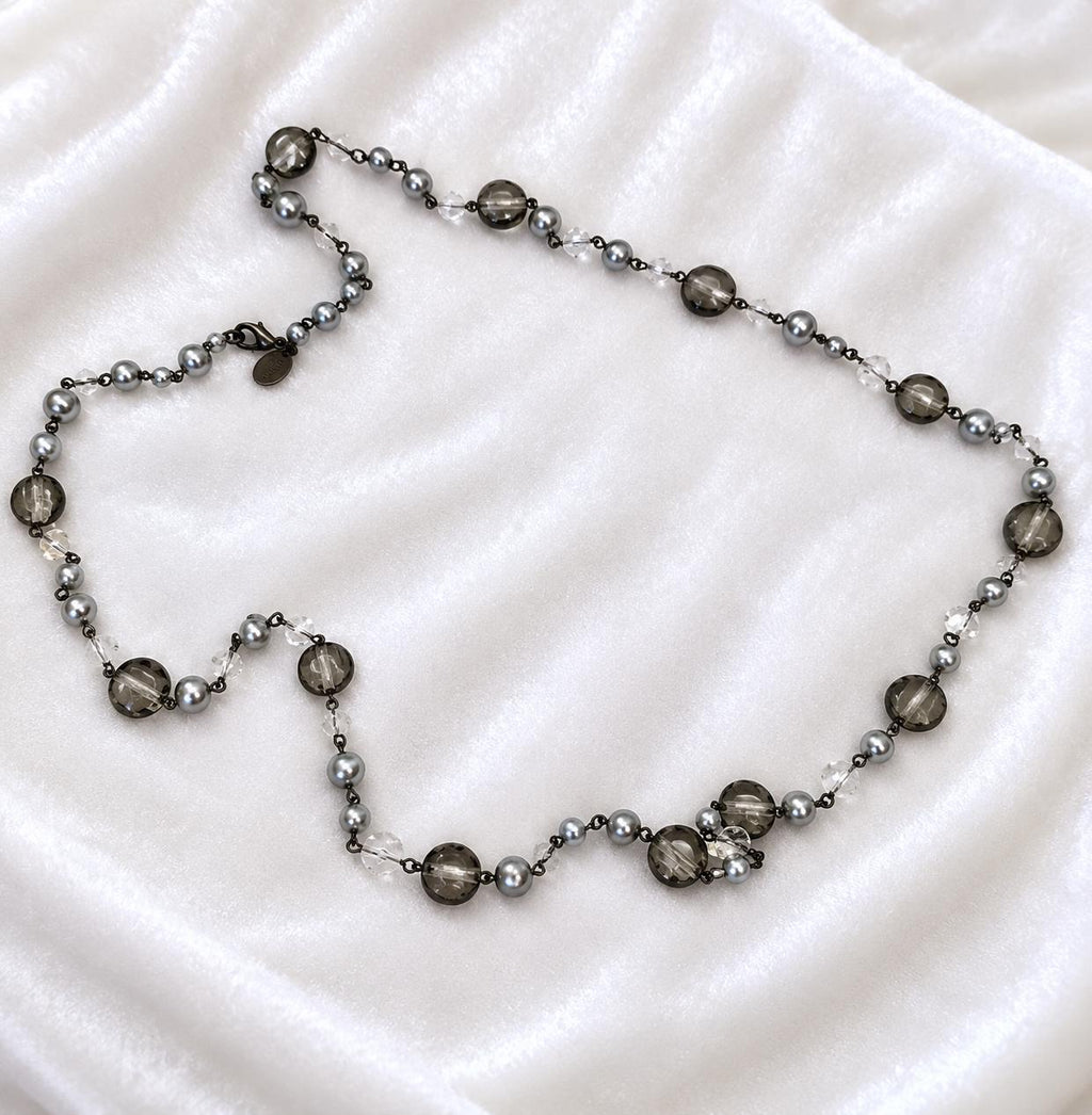 White House Black Market Smoky Gray Glass Bead Long Station Necklace 35"