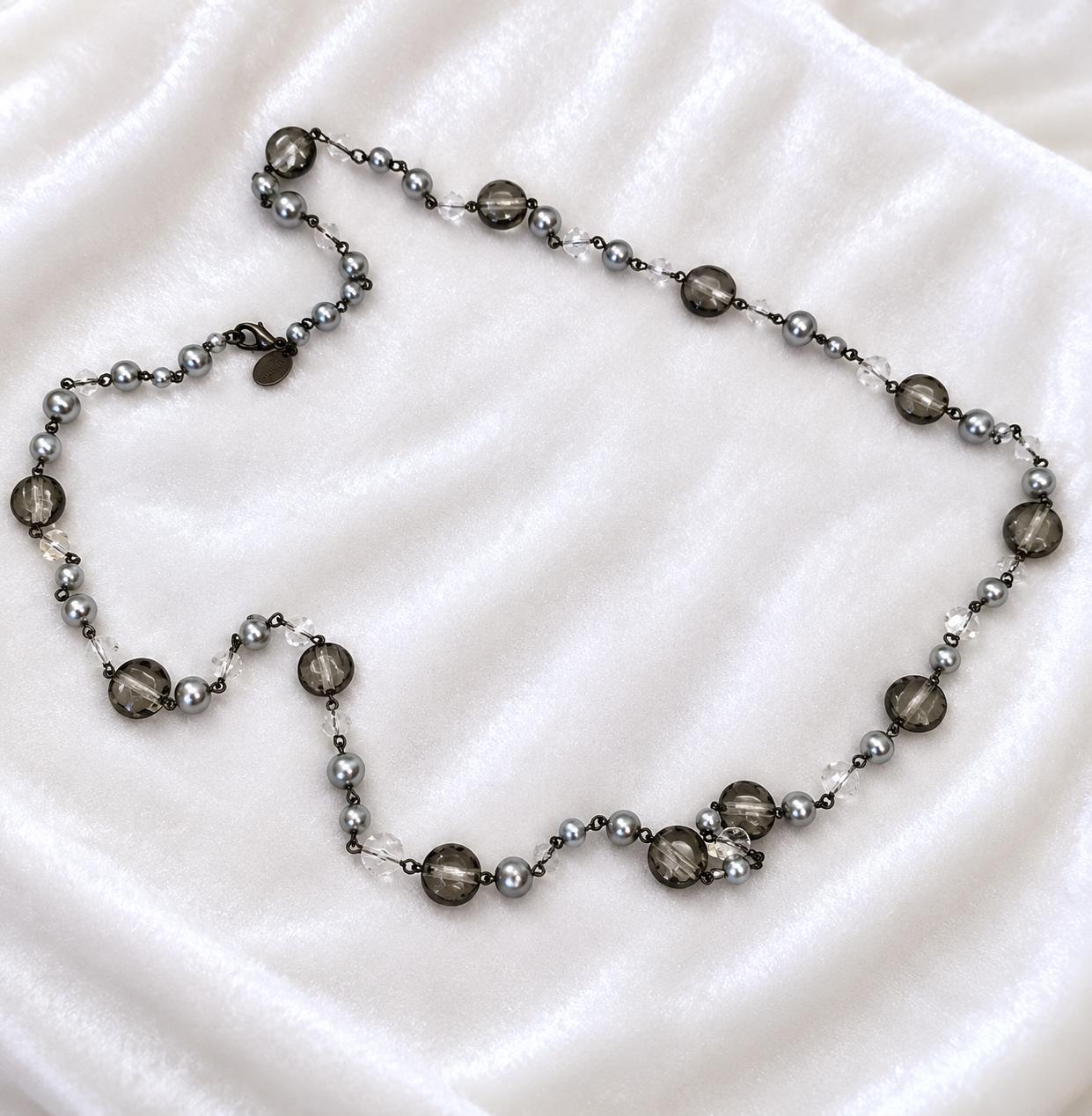 White House Black Market Smoky Gray Glass Bead Long Station Necklace 35"