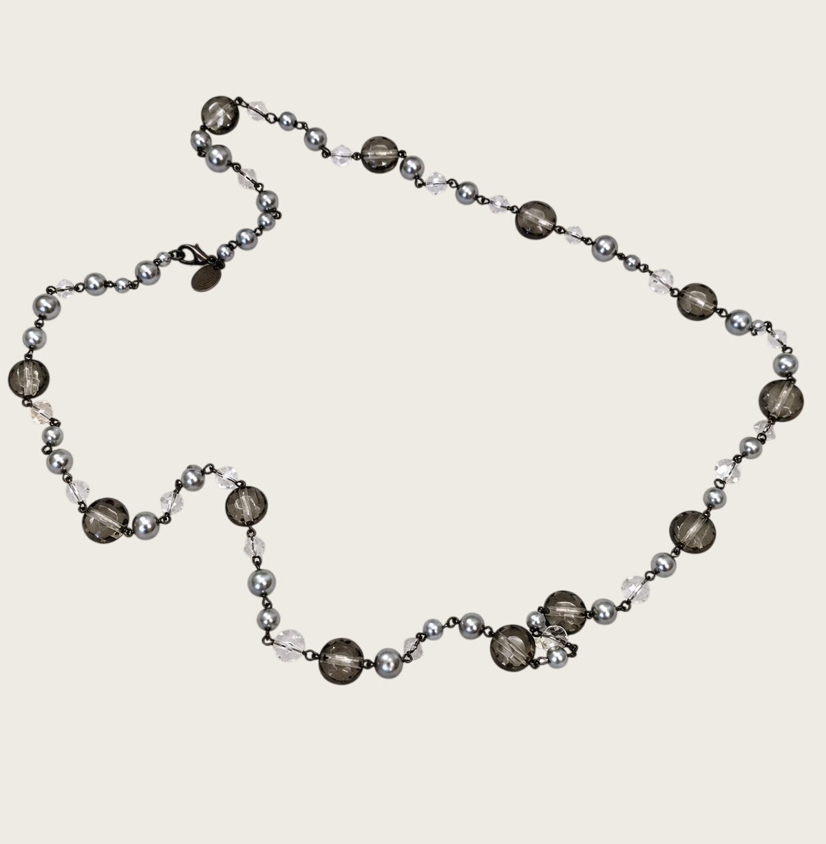 White House Black Market Smoky Gray Glass Bead Long Station Necklace 35"
