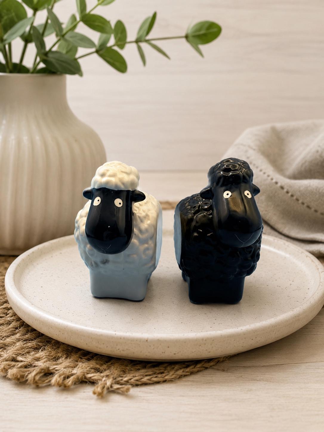 Vintage Black White Sheep Salt Pepper Shakers, Ceramic Lamb Farmhouse Kitchen Decor