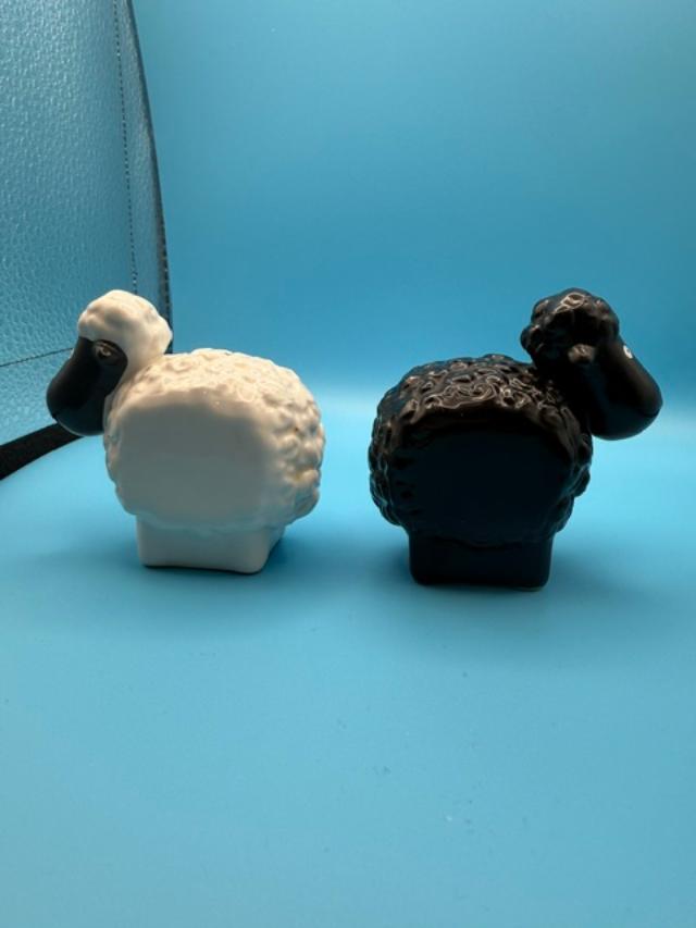 Vintage Black White Sheep Salt Pepper Shakers, Ceramic Lamb Farmhouse Kitchen Decor