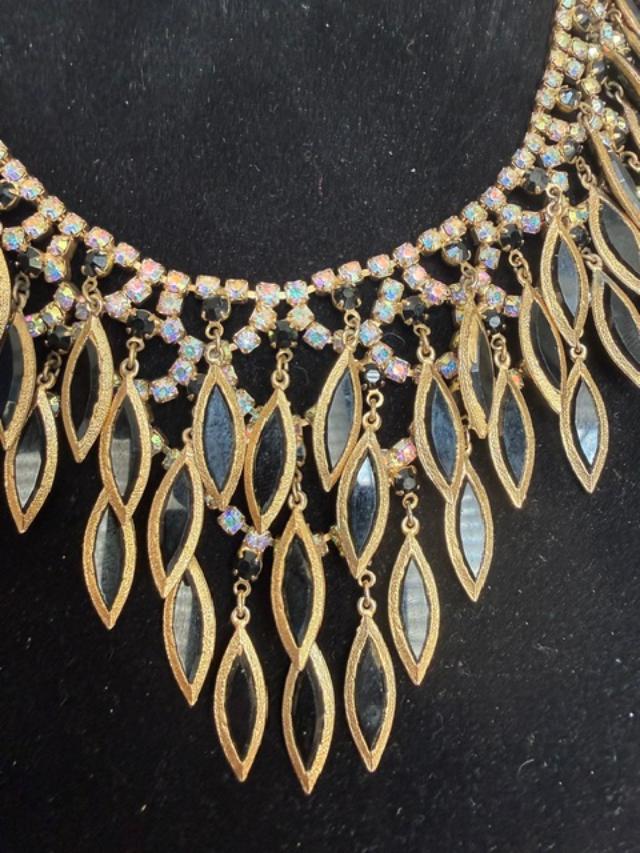 Gold-tone prong-set rhinestone / crystal necklace